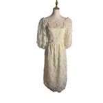 Vintage Richilene Lace Dress With Embroidered Floral Design & Puff Sleeves Tan Size 10 Photo 1