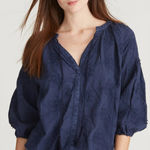 Driftwood  Navy Blue Eyelet Embroidered Floral Puff Peasant Blouse Women's Small Photo 0