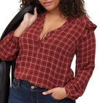 Torrid Red Plaid Long Sleeve Crinkle Gauze Ruffle Trim Blouse Top Size 1X XL Photo 0