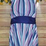 None Women's Blue Pink Striped Tankini Plus Size 3XL Stretch Umpire Waist Open Back Photo 0