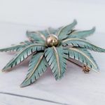 Vintage Brooch 3" Very Large Satin Enamel Leaf Flower Brooch Statement Blue Photo 1