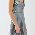 Urban Outfitters  - Mallory Shiny Satin Asymmetrical Mini Dress in Silver Photo 4