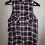 Mudd Button Down Tank Top Sleeveless Plaid Pearl Snaps Casual Red White Blue Photo 1