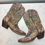 Dan Post Arrow Boots 8.5 Brown Pink Teal Flowers Heart Cutouts Photo 5