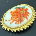 Vintage DODDS Signed Ceramic Christmas Poinsettia Flower Cameo Brooch 21g. Orange Photo 4