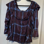 Loft Plaid Ruffle Women's Top  Womens Large Dark Purple/Blue Holiday Casual Photo 0