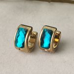 Gold with Turquoise Blue Crystal Huggie Cuff Hoop Earrings Photo 0