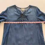 Via Penny Lane Reworked Apparel | Dolly Parton Graphic Chambray Lace Up Blouse Blue Photo 2
