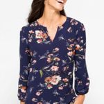 Fun2Fun  Women's Blouse Navy Floral Split Neck Long Sleeve Top S Small NWOT Photo 1