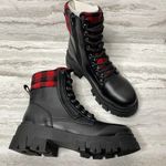 Marc Fisher  Aboli Plaid Trimmed Boots Lug Sole Lace-Up Hiker Booties Black Photo 0