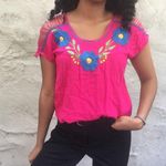 Pink embroidered blouse, blue flower blouse, Mexican embroidery print Photo 1