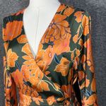 Fate Floral Satin Wrap Long Sleeve Orange Green Midi Small Dress Photo 4