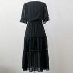 Versona Black Sheer Tiered Puff Short-Sleeve V-Neck Bow Midi Dress Extra Small Photo 6