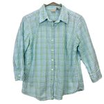 LL Bean Green Blue Plaid 3/4 Sleeve Button Cotton Seersucker Shirt Size MEDIUM Photo 1