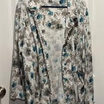 Cabernet Floral Teal Lightweight Cardigan 3X‎ Sweatshirt Ruffle Trim White Beige Photo 0
