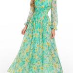 Vintage 70s Green Floral Chiffon Maxi Dress Ruffle Neckline Sheer Sleeves Flowy Photo 0