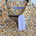 NWT La Porte Yellow Floral Linen Blend Button Down Tie Wrist Top/Blouse Large Photo 5