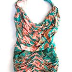NWT SKY snakeprint ruched drape front turquoise stone embellishment halter top S Orange Photo 3