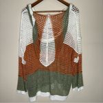 POL  Open Knit Colorblock Long Sleeve Hooded Sweater Photo 2