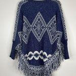 Aztec Blue & White Printed Fringe Trim Knit Poncho Size M Photo 4