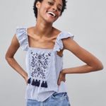 ZARA Blue White Stripe Embroidered Tassel Square Neck Ruffle Strap Tank Top M Photo 2