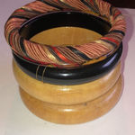 5 Boho Tan & Black Wooden Fabric Bangle Bracelets Photo 8
