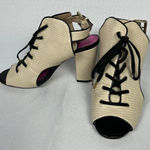 Juicy Couture Y2K Open Toe Lace Up Strap Block Heels Sandals Beige/Cream/Black Photo 0