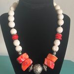 Vintage Chunky Raw Red Coral, White Coral and Tibetan Silver Bead Boho Necklace Photo 5