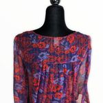 Ella Moss  Silk Floral Purple Red Gold Metallic Stripe Sheer Tie Neck Blouse sz M Photo 5