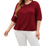 Womens Plus Size 3/4 Sleeve Tops Crewneck Casual Solid Basic Blouse Red Photo 0