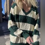 Brandy Melville  Green and White Nikki Cotton Stripe Cable Knit Sweater Jumper OS Photo 1