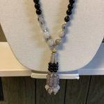 INC Black White Beaded Necklace Opera 33” Adjustable Gold Tone Photo 0