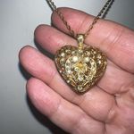 Vintage Gold Plated Filagree Heart Charm with Crystals Photo 0