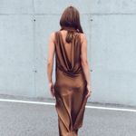 ZARA  maxi halter scarf satin plunge neck Brown  Evening Wedding Photo 8