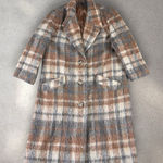 Vtg Mohair Wool Overcoat Plaid Single Breast Long Trench Pea Coat Fuzzy Sz 8 Tan Photo 0
