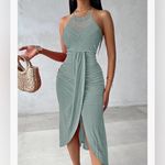NEW Sage Green Halter Dress A Line Eyelet Crochet Midi Dress M Size M Photo 4