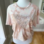 Guess White Blush Pink Tan Tie Dye Embroidered Logo Crop Tee Shirt Small Photo 10