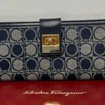 Salvatore Ferragamo Gancini Bifold Long Wallet Navy Canvas/Leather - Preowned Photo 0