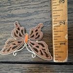 Vintage Beautiful Wooden Gold Style Brass Butterfly Brooch 1970s Signed LC Brown Photo 9