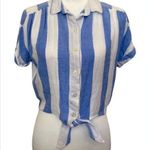 Sandy & Sid Blue & White Striped Front Tie Crop Top Small Photo 0