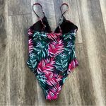Beachsissi  NWT One Piece Swimsuit Size Large Black Pink Green Tropical Palm Photo 3