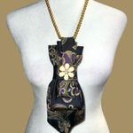 “Dainty Dapper”Black and Gold Paisley necktie Necklace with flower brooch Black Photo 0