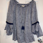 Style & Co  Womens‎ Top Blue White Peasant Bohemian Tassel Bell Sleeve Size M Photo 0