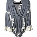 Nude blue floral lace trim romper women’s small festival boho Photo 0