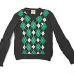 EXPRESS Women’s XS Argyle Sweater V-Neck Green Gray Diamond Knit Preppy Crest Photo 0