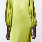 ZARA Green Satin 3/4 Dolman Sleeve Tapered Back Tie V Line High Neck Dress NWT Photo 0