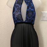 Plus size Black blue halter floral mini slip on tie back sexy lingerie top mini dress sheer choker neckline Size 1X /2X Photo 0