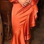 Mac Duggal  Pleated Cascade Detail One-Shoulder Satin A-Line Gown in Orange US 6 Photo 1