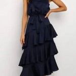 Petal and Pup  Navy Blue Satin Seychelle Ruffle Tiered Midi Dress 12 Photo 0