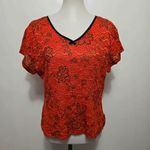 Worthington Y2K Orange Floral Lace V-Neck Top Black Trim Romantic Indie Fairy Photo 1